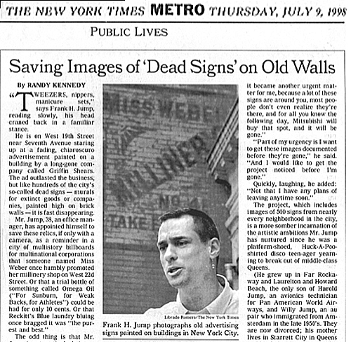 Saving Images of Dead Signs on Walls - by Randy Kennedy - Public Lives - NY Times July 9, 1998